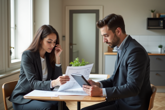 Couple français en discussion sur plans dans un appartement moderne