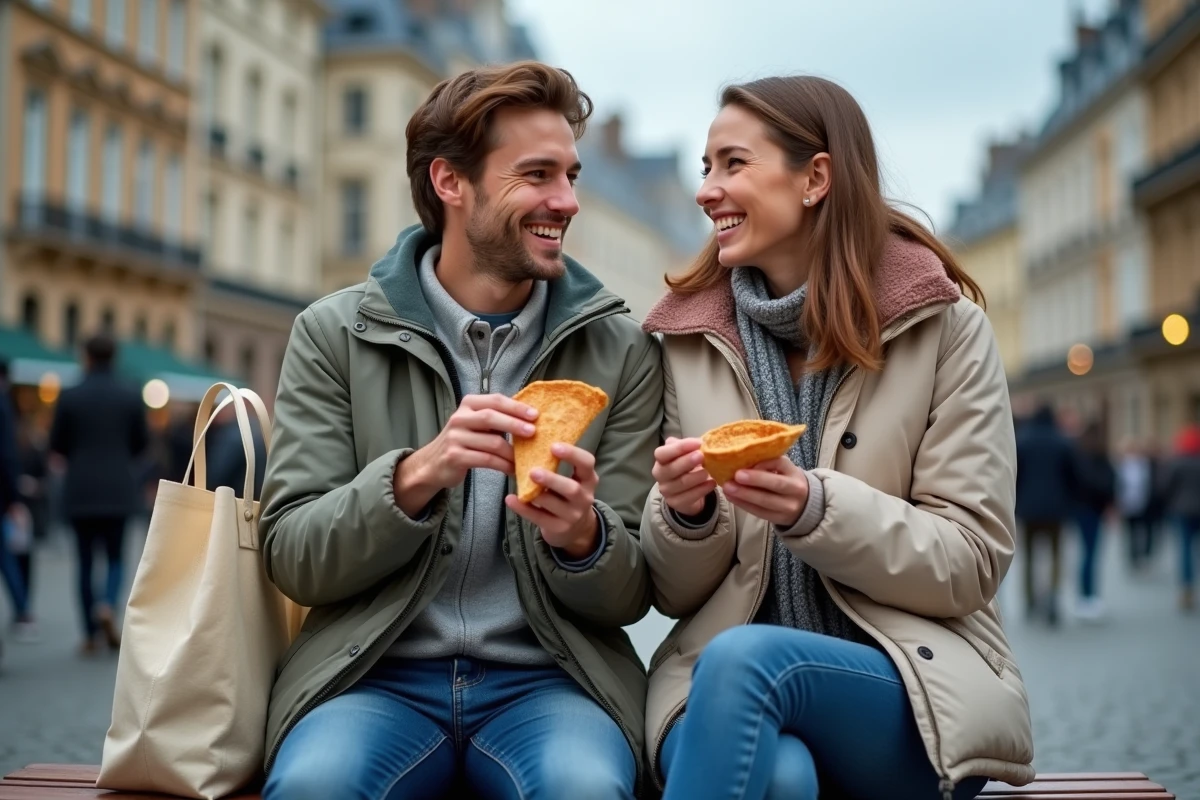 Couple profitant d'un week-end à Lille place du Général-de-Gaulle sans utiliser de voiture