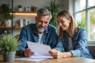 Couple d'adultes lisant des documents de maison ensemble