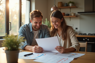 Jeune couple lisant des documents de prêt immobilier dans une cuisine lumineuse