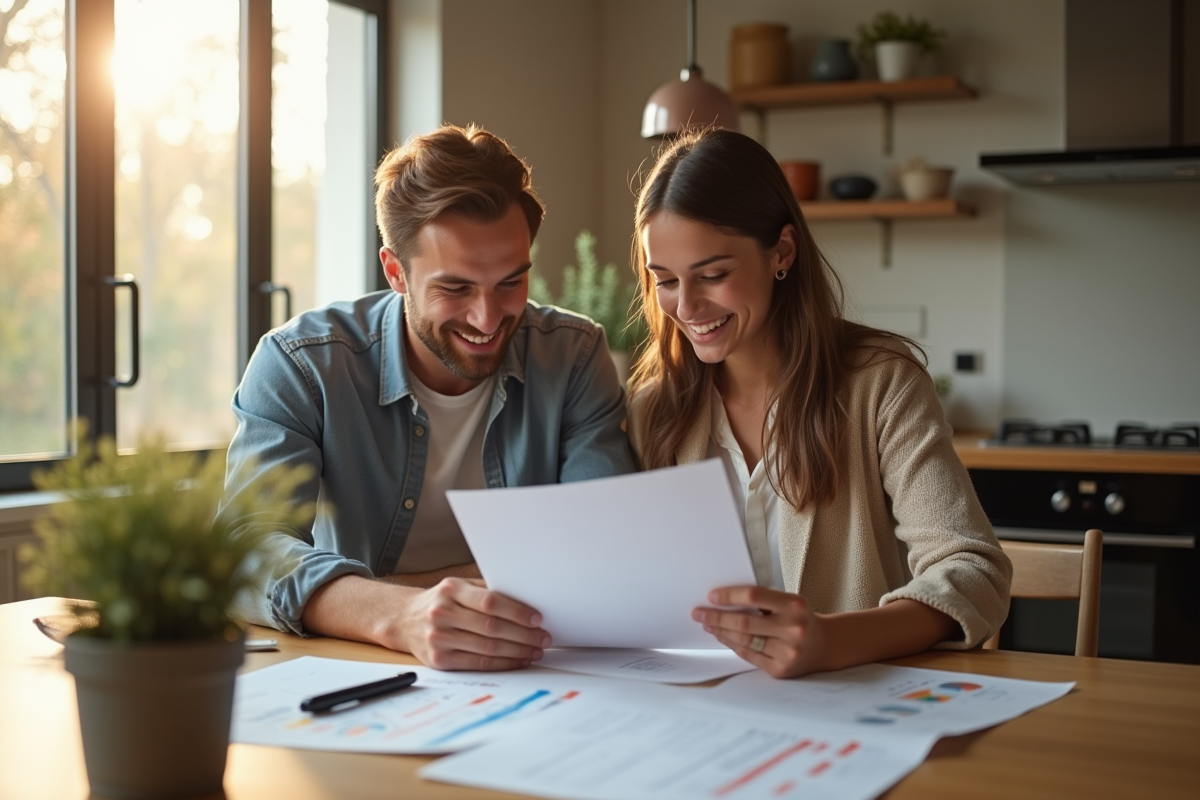 Jeune couple lisant des documents de prêt immobilier dans une cuisine lumineuse