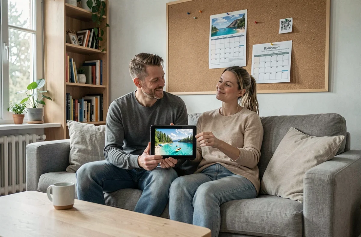 Couple discutant de l'organisation des vacances d'été 2026 tout en tenant compte du calendrier de la rentrée scolaire