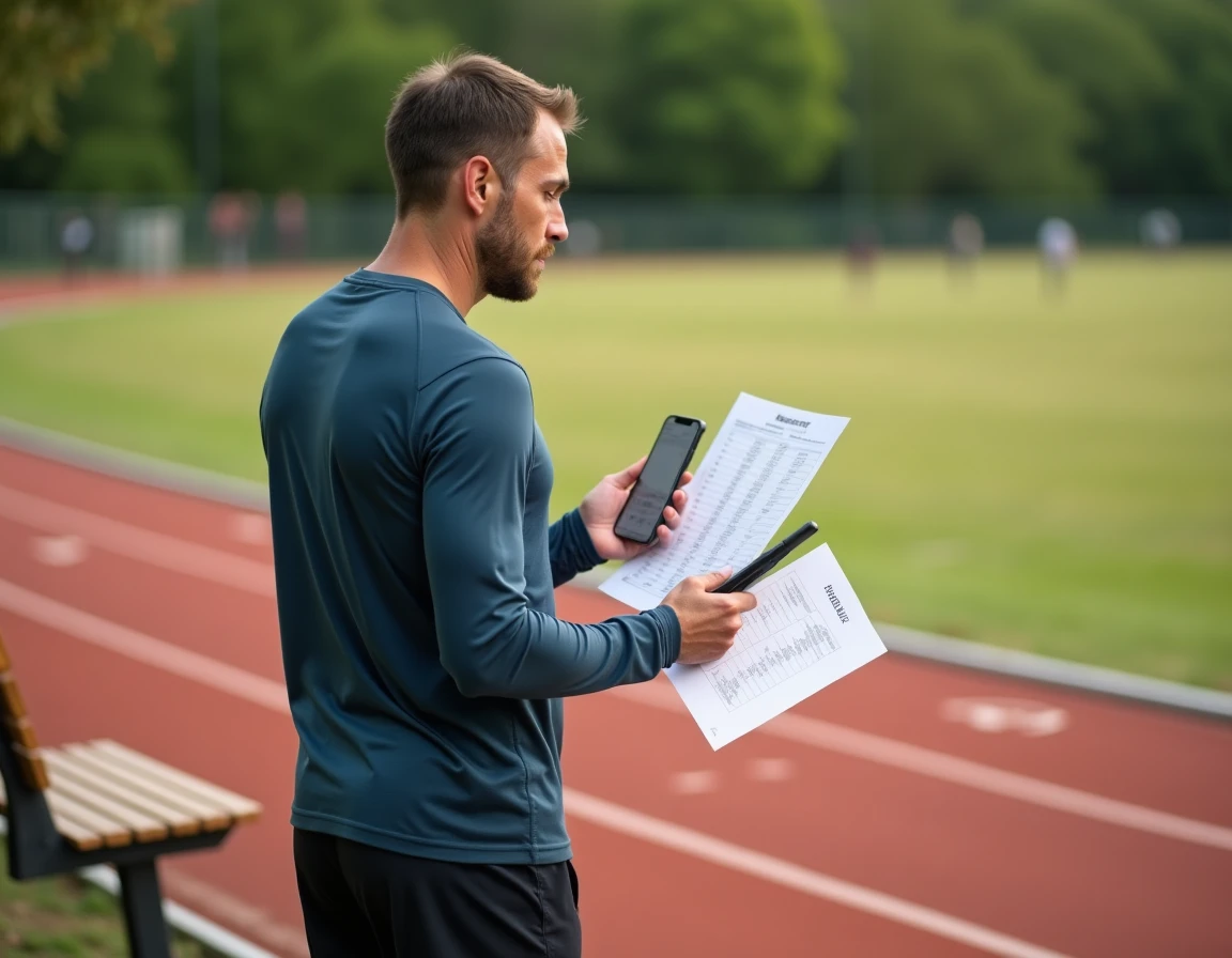 Coureur consultant une table de conversion d'allures kilomètre-mile sur une piste d'athlétisme