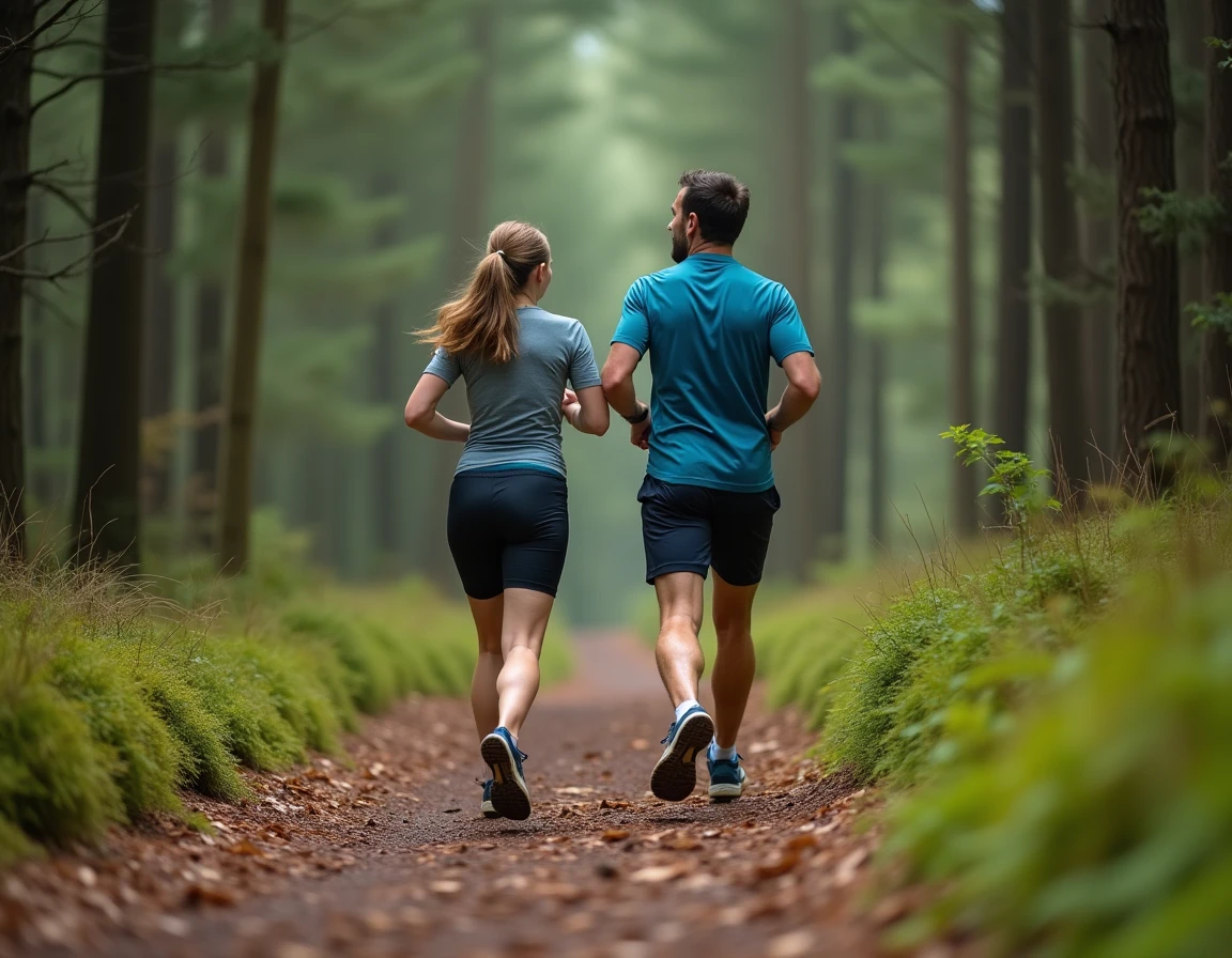 Deux coureurs sur un sentier forestier discutant de leurs allures et distances d'entraînement