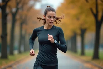 Coureuse contrôlant son allure sur une montre GPS pendant un entraînement en milieu urbain