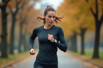 Coureuse contrôlant son allure sur une montre GPS pendant un entraînement en milieu urbain