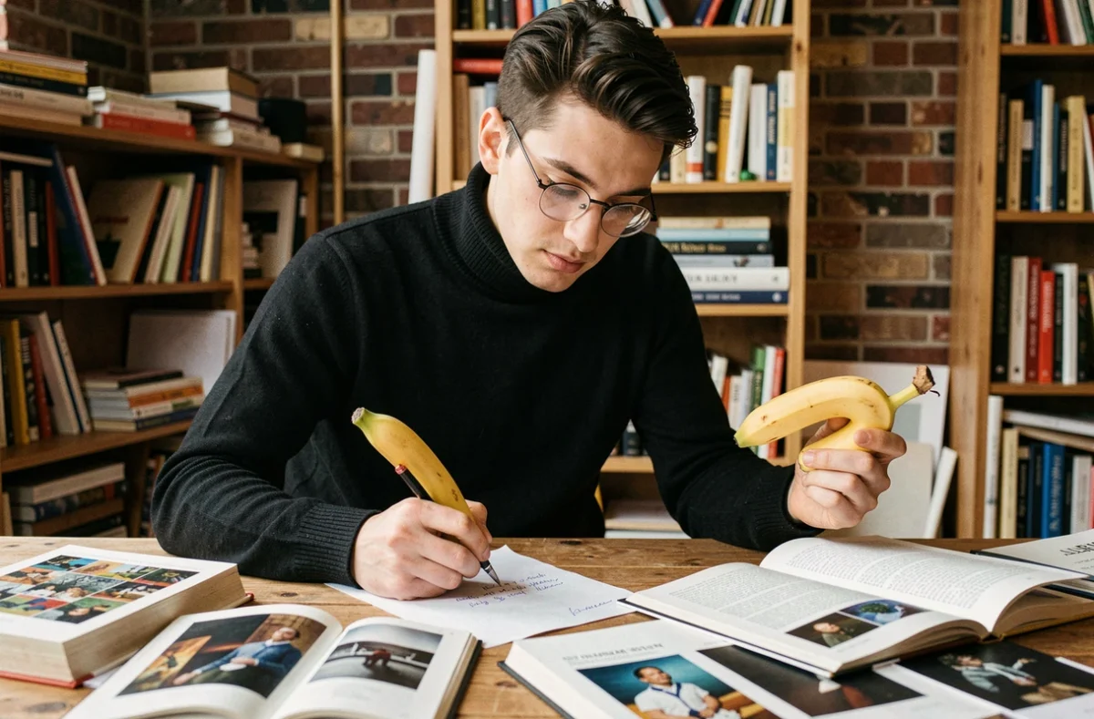 Un critique d'art jeune tenant une banane et prenant des notes sur l'art contemporain conceptuel dans son studio entouré de livres et de catalogues d'exposition