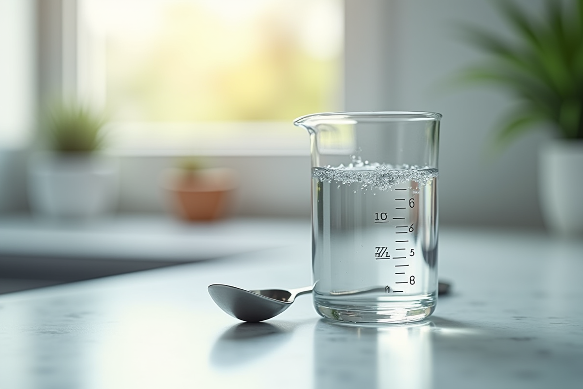 Cuillère en inox remplie d'eau sur un plan de cuisine lumineux