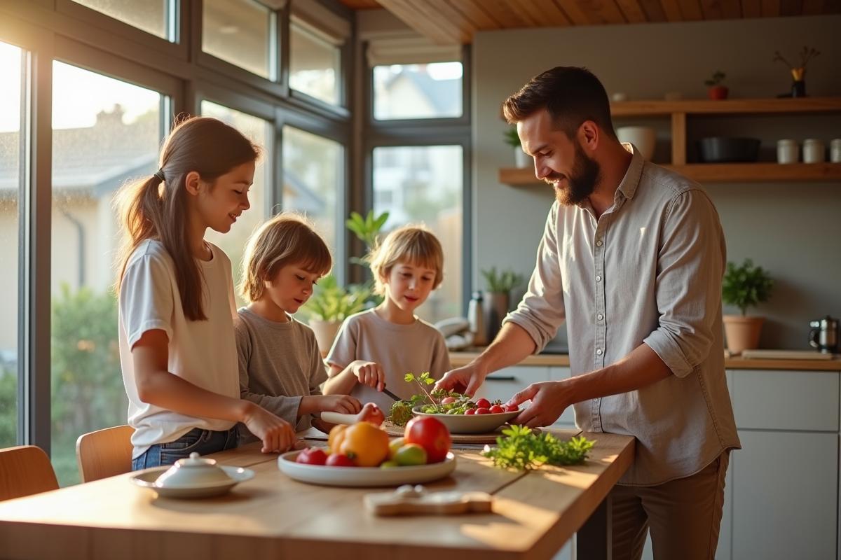 Famille en cuisine préparant la table dans une cuisine moderne