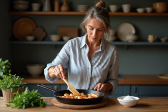 Femme en chemise à rayures tourne du calmar dans une cuisine rustique