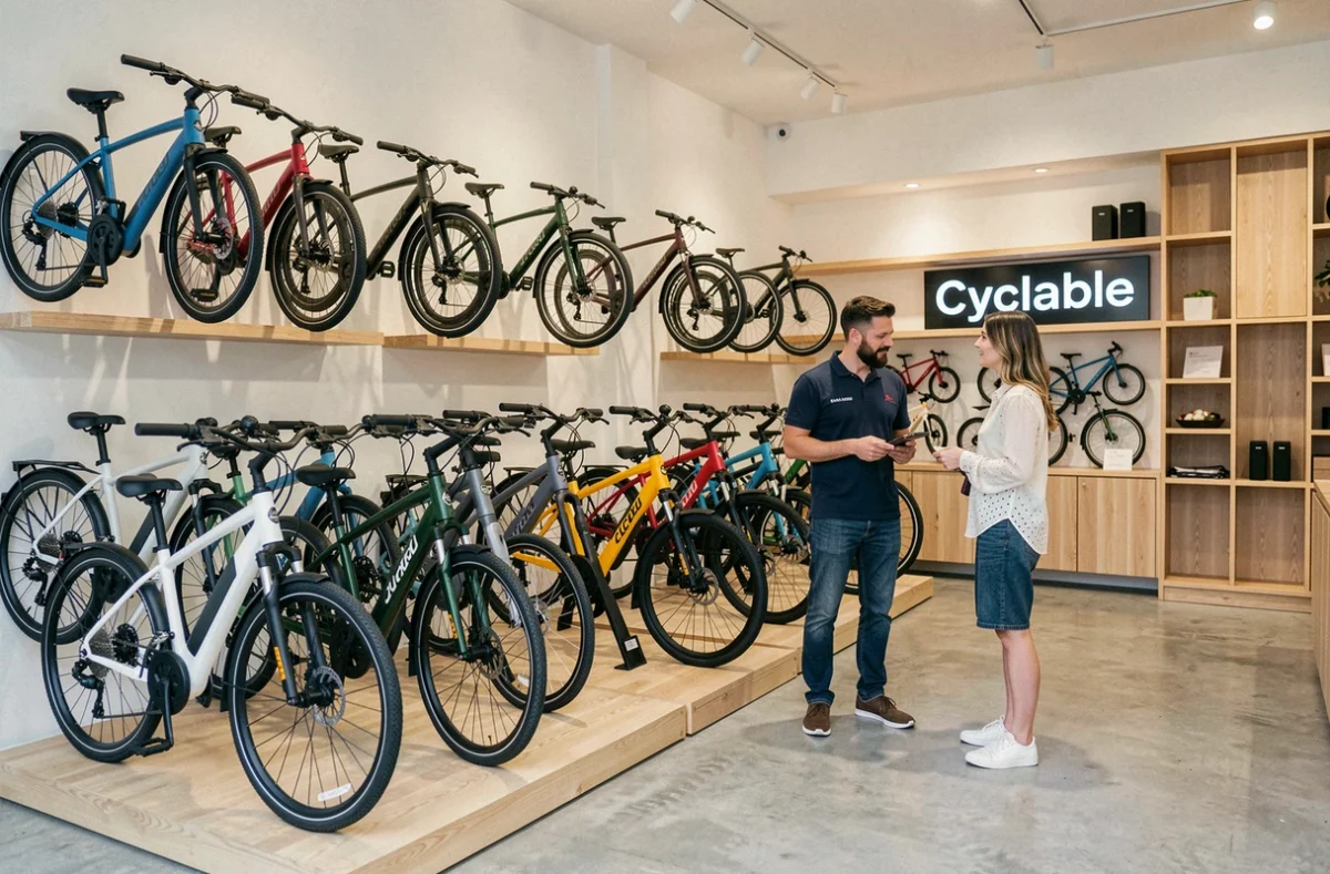 Intérieur du magasin Cyclable Paris avec vélos électriques exposés et vendeur conseillant un client