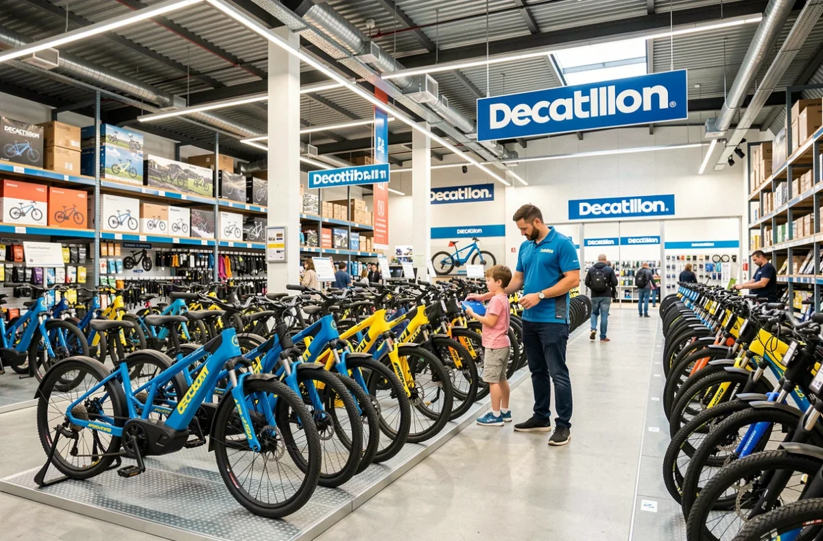 Rayon vélos électriques du Decathlon Paris La Madeleine avec employé et clients en train de choisir un vélo