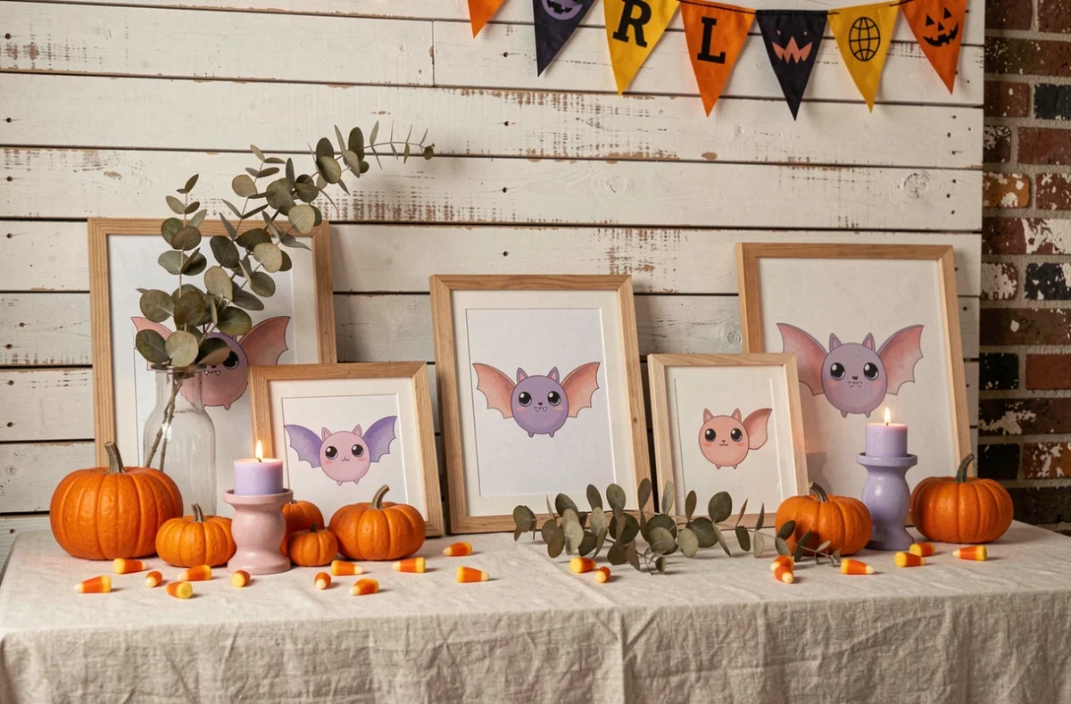 Décoration de table Halloween avec des illustrations de chauves-souris kawaii encadrées et petites citrouilles oranges