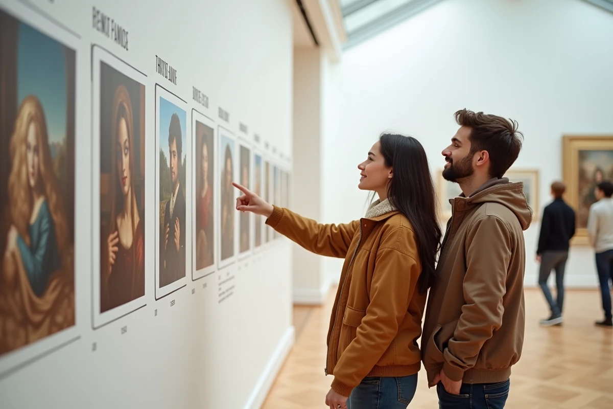 Deux jeunes adultes découvrant une frise chronologique des peintures célèbres dans un musée, introduction accessible à l'histoire de l'art