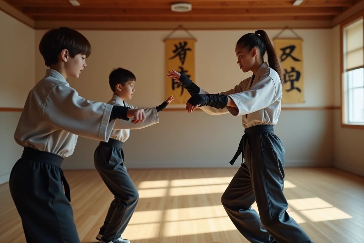 Femme sportive montrant une technique de combat à deux jeunes