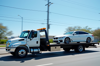 Voiture moderne chargée sur une dépanneuse en ville en plein jour