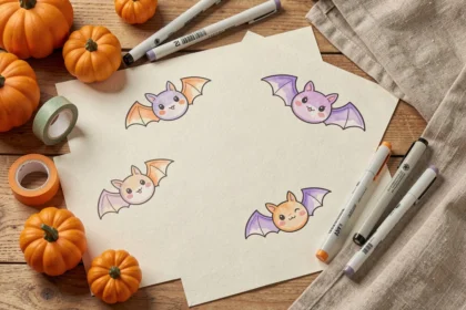 Dessins kawaii de chauves-souris Halloween disposés en flat lay sur un bureau en bois avec accessoires de décoration automnale