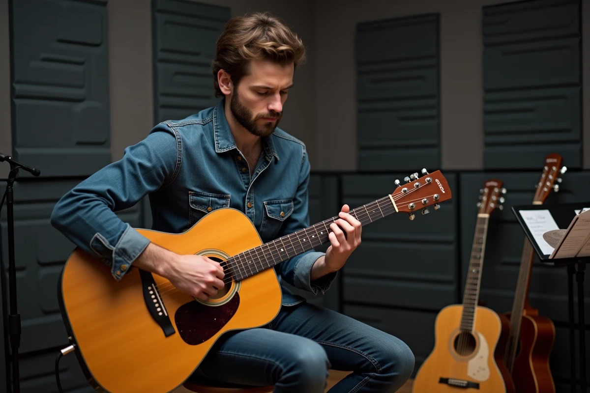 Guitariste aux mains compactes essayant un doigté alternatif pour l'accord B7 en studio de répétition
