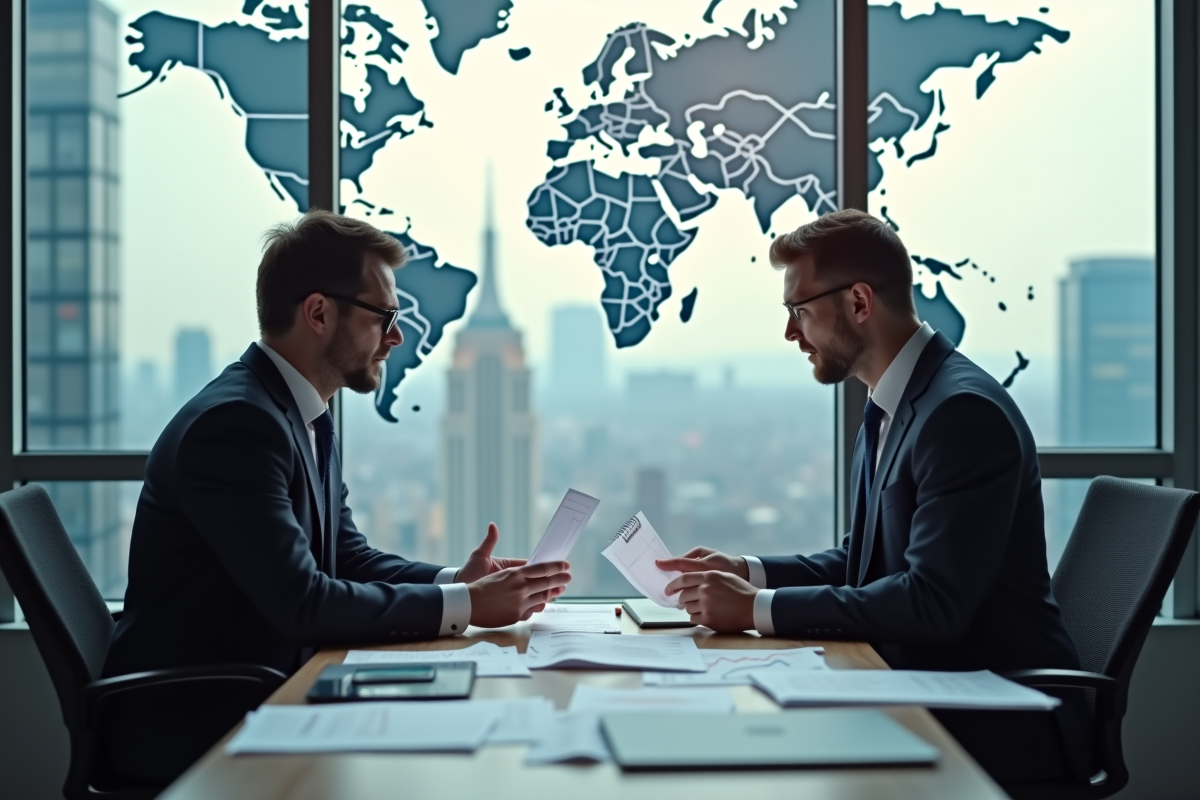 Deux économistes discutant dans un bureau moderne avec skyline et carte du monde