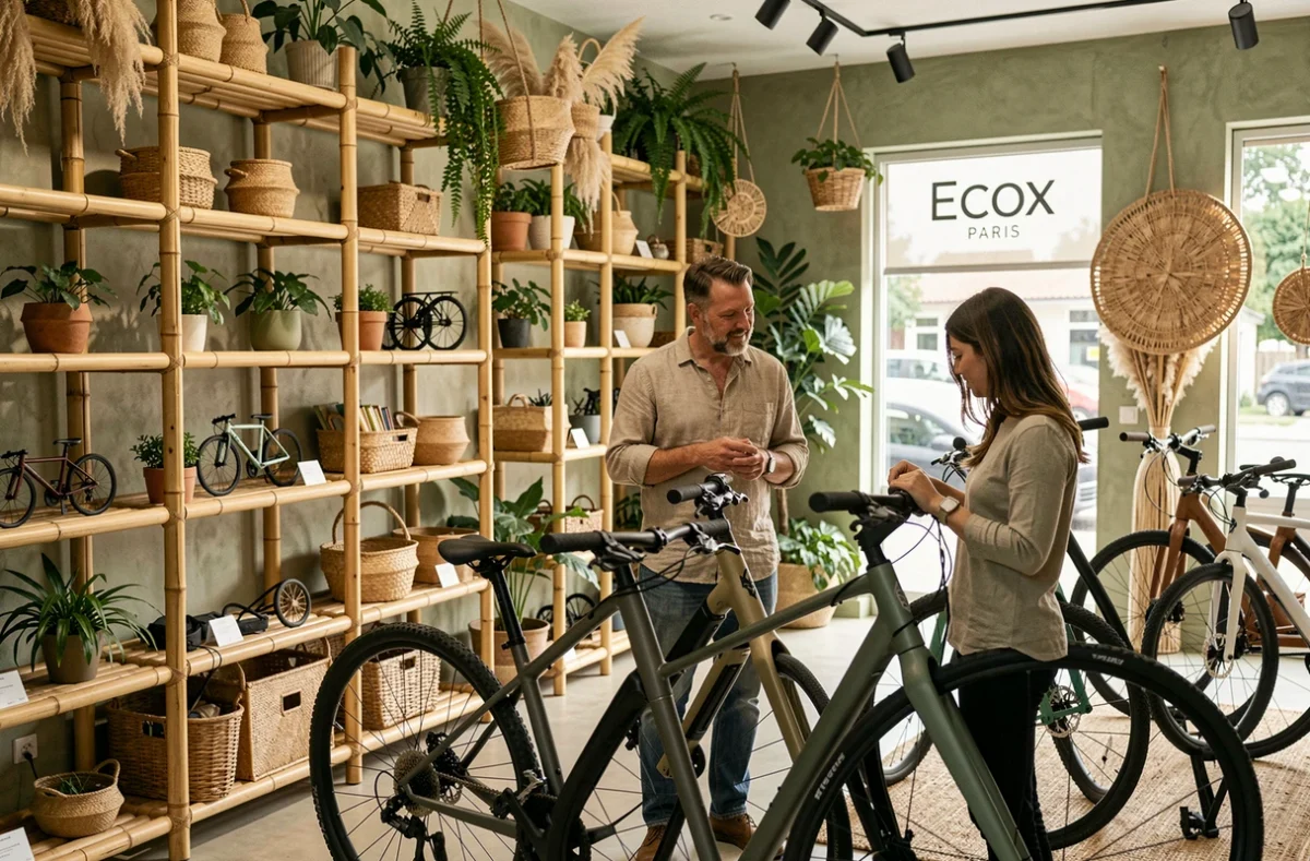 Boutique Ecox Paris spécialisée en vélos électriques écologiques avec décor en matériaux naturels