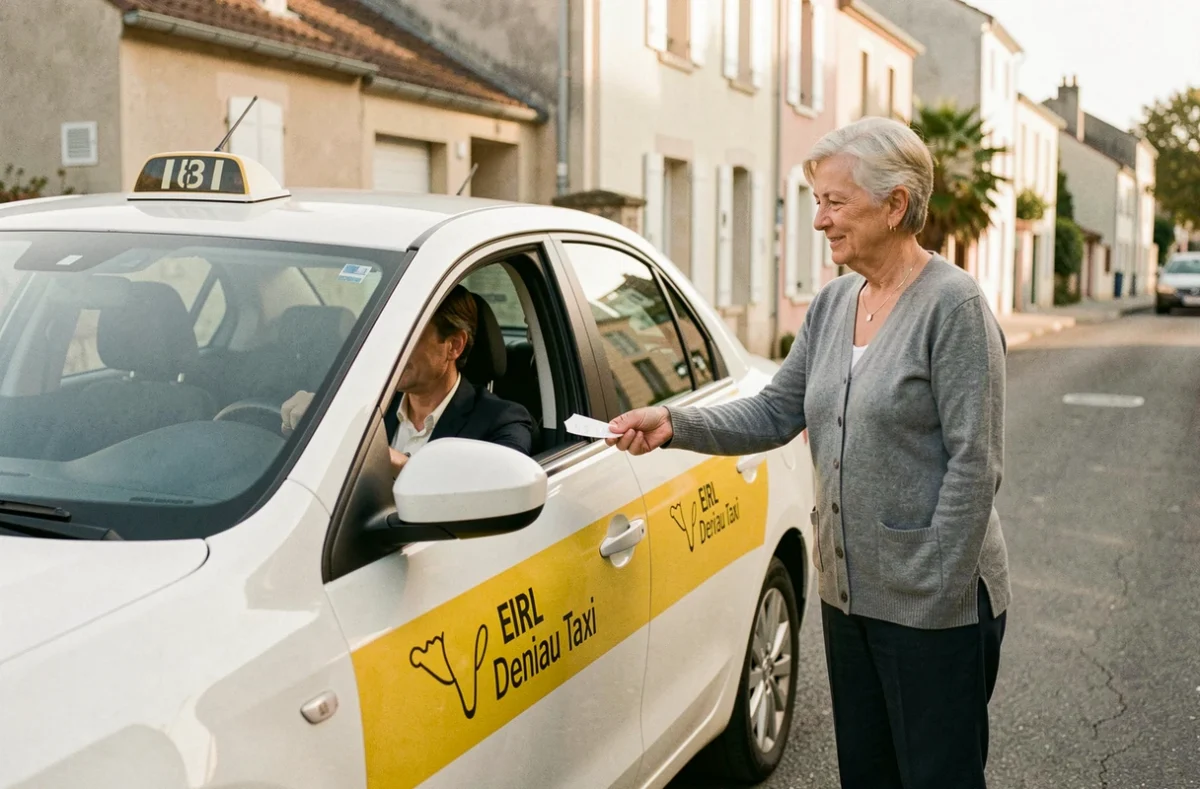 Chauffeuse EIRL Deniau Taxi remettant un reçu à un passager dans une rue résidentielle française