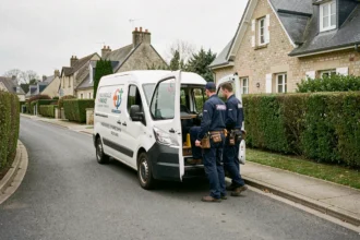 Équipe d'électriciens d'urgence arrivant dans un quartier résidentiel des Yvelines