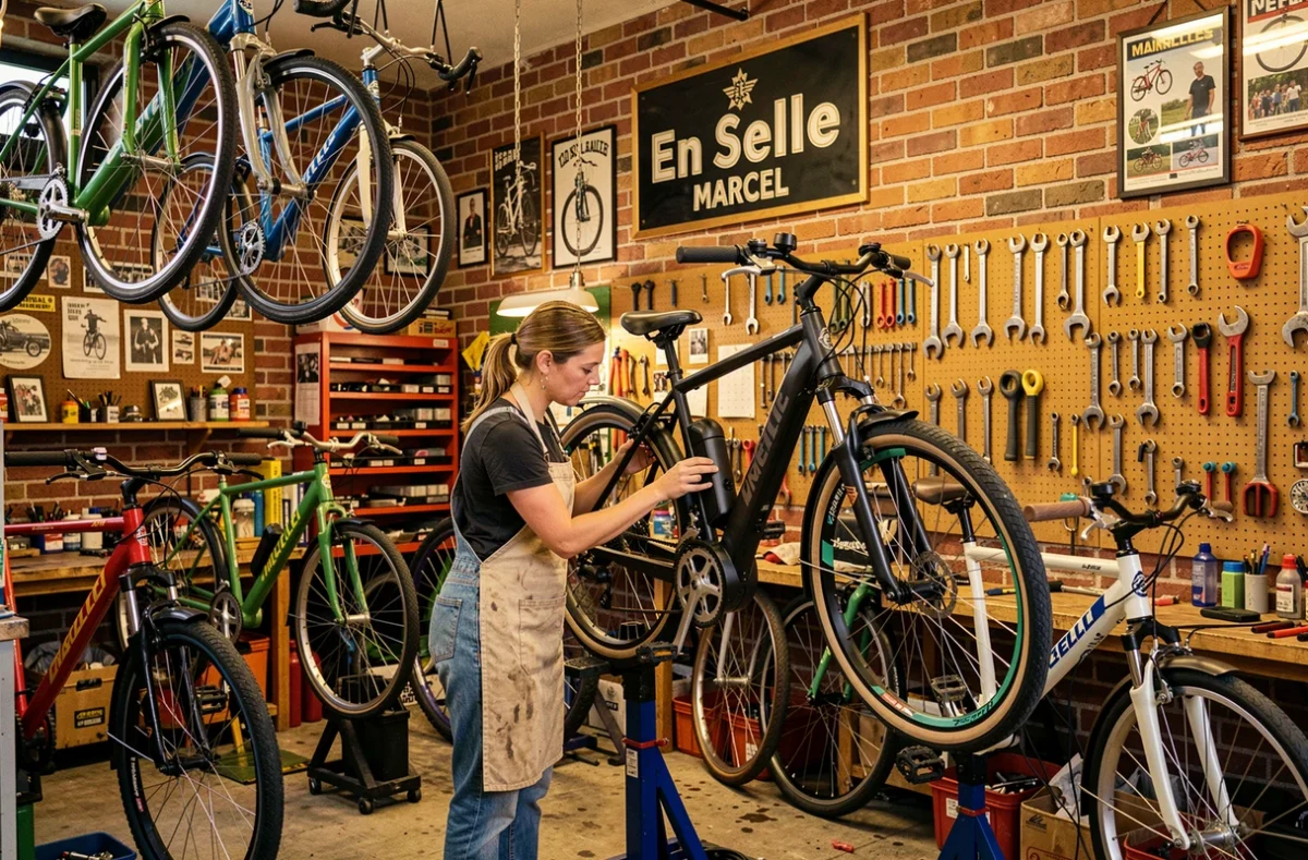 Atelier En Selle Marcel avec mécanicienne réparant un vélo électrique dans une boutique parisienne animée