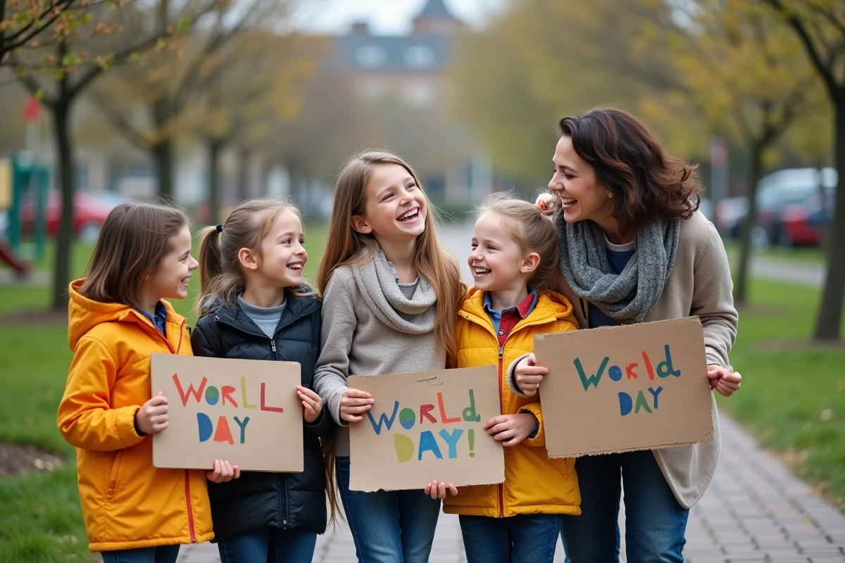 Enfants avec pancartes pour la journée mondiale dans un parc