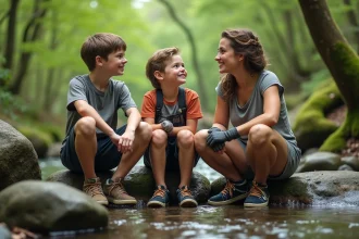 Trois personnes assises sur des rochers dans une forêt printanière