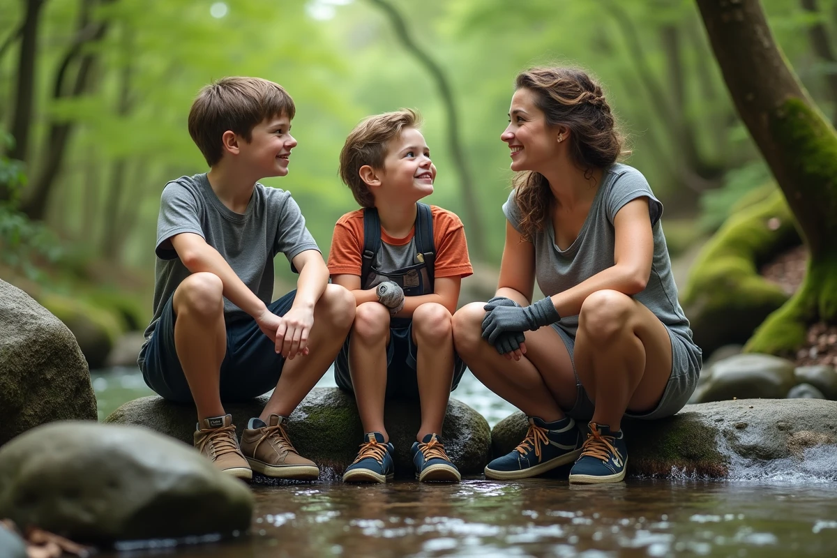 Trois personnes assises sur des rochers dans une forêt printanière