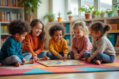 Groupe d'enfants curieux jouant ensemble en classe