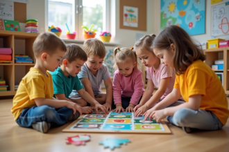 Groupe d'enfants jouant avec un jeu éducatif en classe