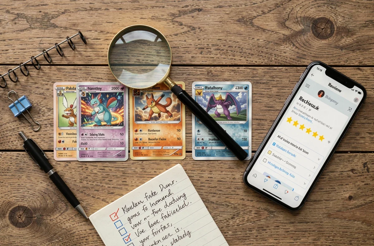 Vue aérienne d'une enquête consommateur sur des cartes Pokémon avec loupe, checklist et avis en ligne sur smartphone