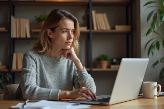 Femme scrutant un site e-commerce sur son ordinateur portable avec une expression dubitative, enquête sur la fiabilité d'une boutique en ligne