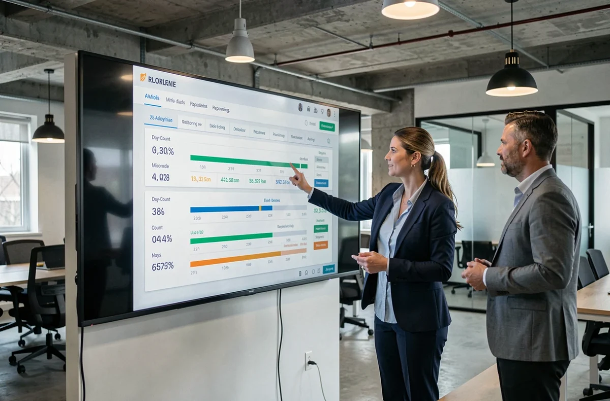 Deux professionnels analysant un tableau de bord automatisé affichant le nombre de jours depuis des dates clés dans un espace de coworking