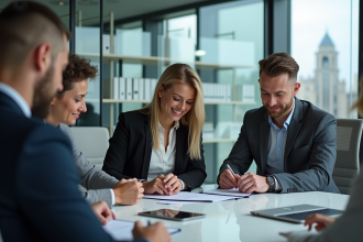 Groupe de professionnels en réunion dans un bureau moderne