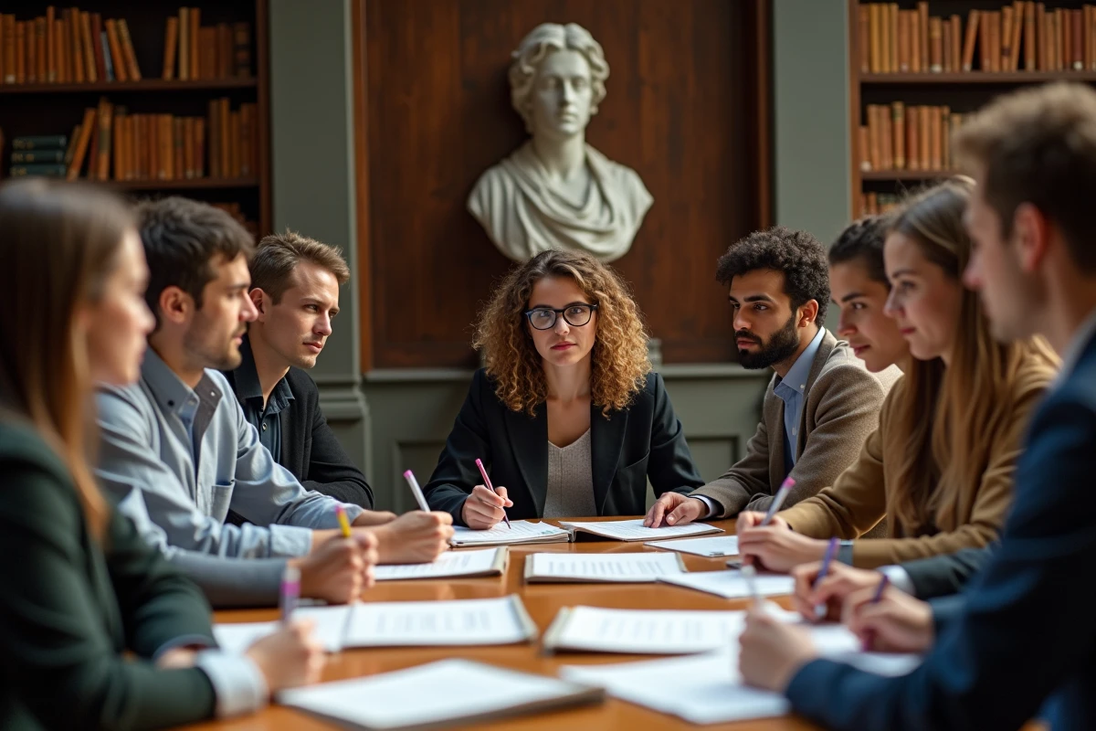 Etudiants en groupe lisant le code civil en bibliothèque
