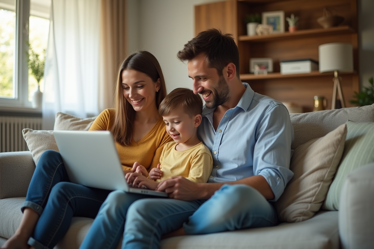 Famille heureuse gérant leur budget sur un ordinateur dans le salon