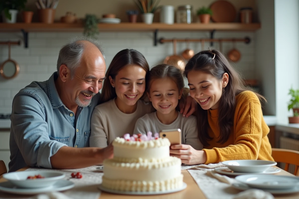 Famille réunie autour d'un gâteau pour célébrer une fête de prénom avec un calendrier sur smartphone