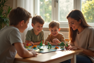 Famille jouant à un jeu de société dinosaure dans un salon lumineux