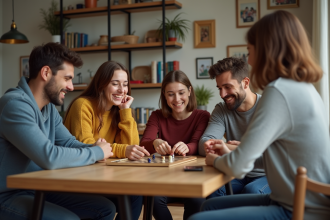Famille mixte jouant à un jeu de société dans un salon chaleureux
