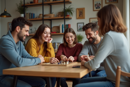 Famille mixte jouant à un jeu de société dans un salon chaleureux