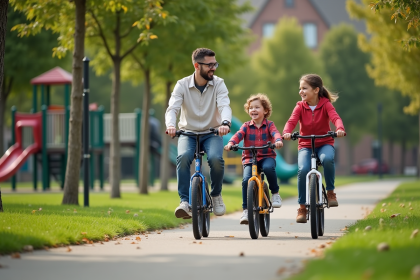 Famille souriante à vélo dans un parc résidentiel