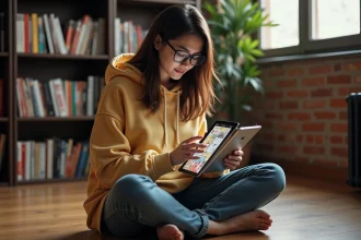 Jeune femme lisant un webtoon sur une tablette dans un appartement moderne avec des étagères de manga en arrière-plan