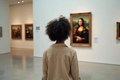Femme admirant la Joconde dans un musée d'art moderne, illustration d'un article sur les peintures célèbres expliquées aux débutants