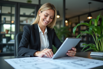 Femme d'affaires souriante avec tablette dans un bureau moderne