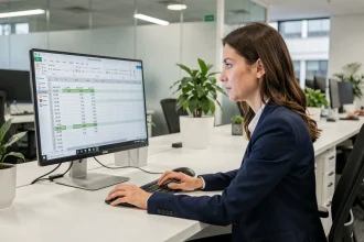 Femme analyste au bureau consultant un tableau de bord avec des calculs de nombre de jours depuis une date