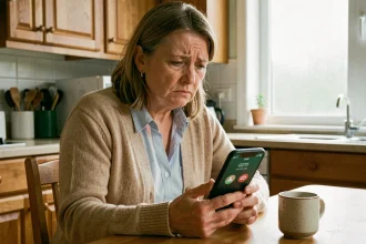 Femme inquiète regardant un appel téléphonique inconnu avec l'indicatif 0270 sur son smartphone dans une cuisine