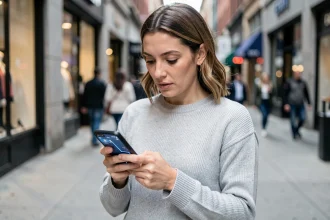 Femme consultant une application GPS sur son smartphone dans une rue urbaine animée