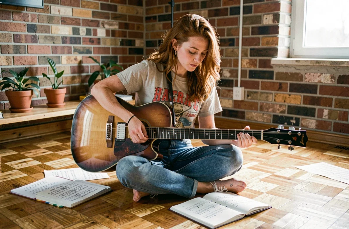 Jeune femme apprenant les accords de Téléphone à la guitare électrique dans un appartement